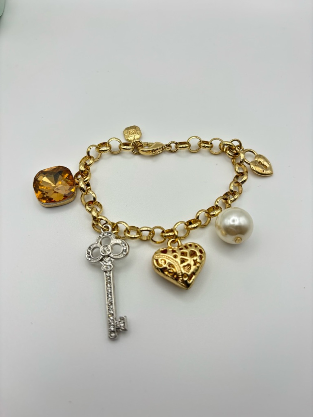 Gold Charm Bracelet with Amber Crystal, Pearl, Filigree Heart & Key Charm